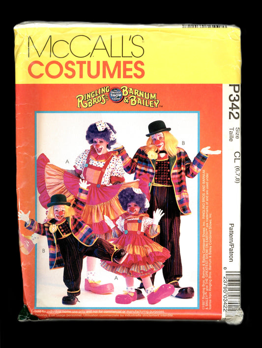 McCalls P342 Kids Ringling Bros Barnum & Baily Clown Costumes Sewing Pattern - UNCUT - Size 6 7 8