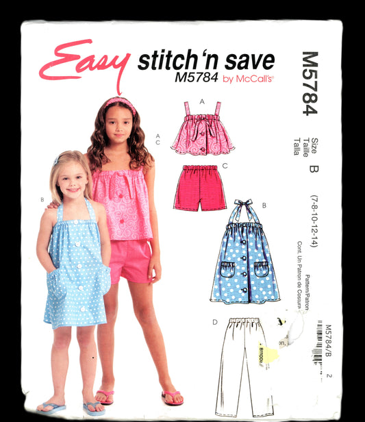 McCalls Stitch n Save 5784 Childrens Girls Tops Dress Shorts and Pants Sewing Pattern UNCUT Size 7 8 10 12 14