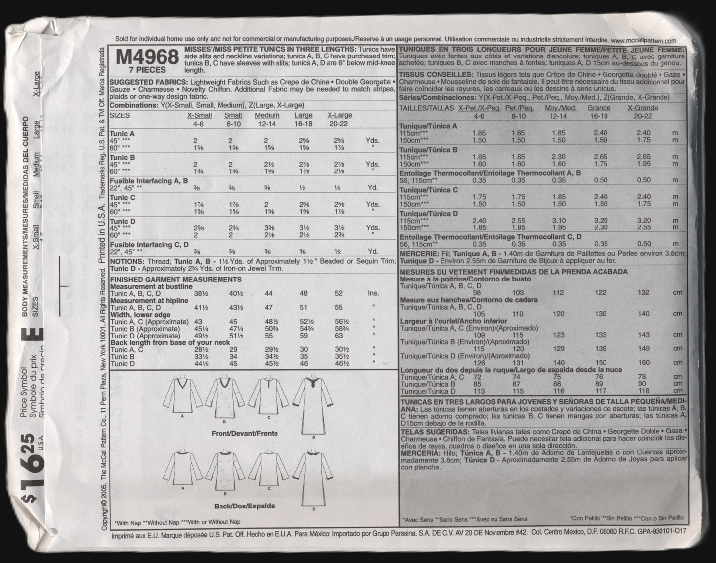 McCalls 4968 Misses / Miss Petite Tunics in Three Lengths Sewing Pattern UNCUT - Size Lrg - Xlg