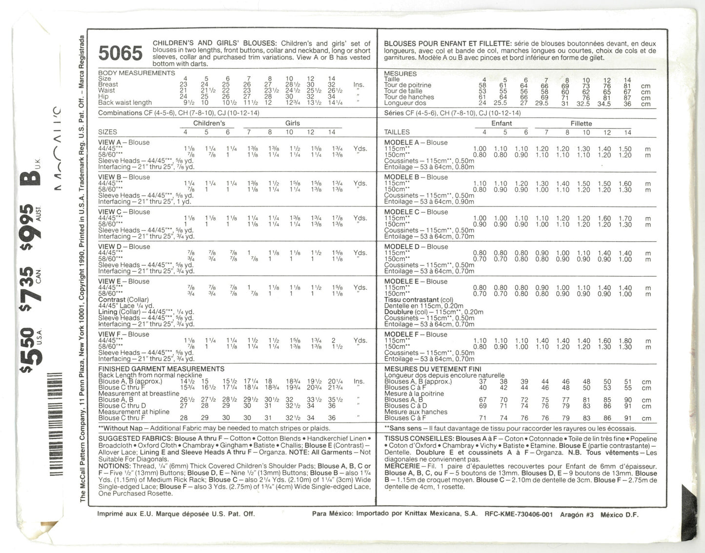 McCalls 5065 Childrens and Girls Blouses Sewing Pattern - UNCUT Size 4 5 6