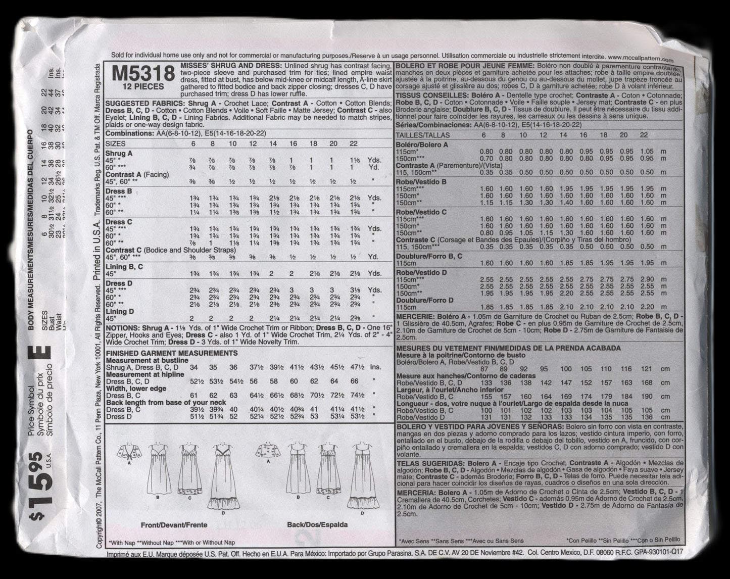 McCalls 5318 Misses Shrug and Dress Sewing Pattern - UNCUT - Size 14 16 18 20 22
