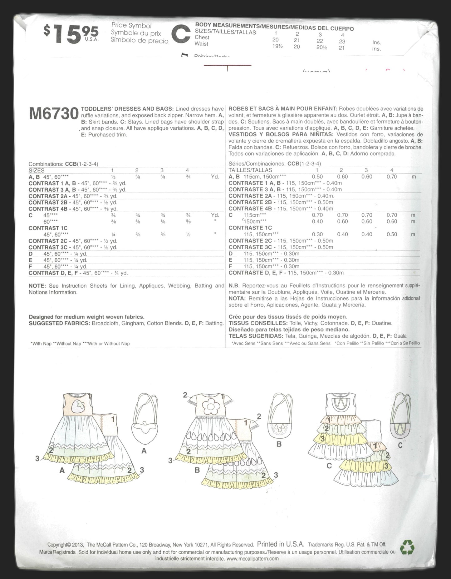 McCalls 6730 Toddlers Dresses and Bags Sewing Pattern - UNCUT - Size 1 2 3 4