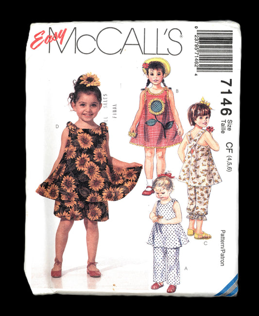 McCalls 7146 Girls Dress Tops Pull on Pants in Two Lengths and Shorts Sewing Pattern - UNCUT Size 4 5 6