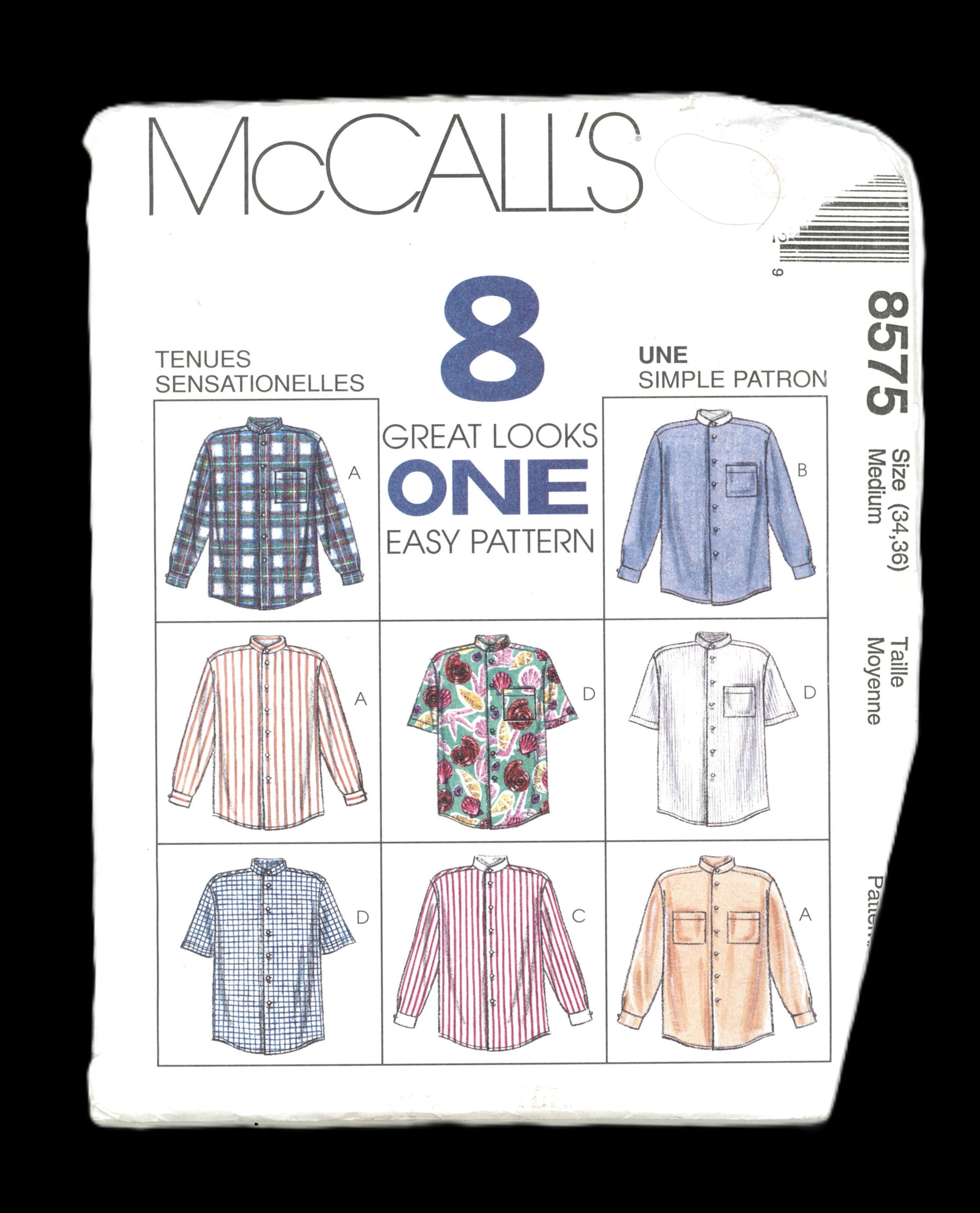 McCalls 8575 Misses and Mens Shirt Sewing Pattern UNCUT - Size Small or size Medium