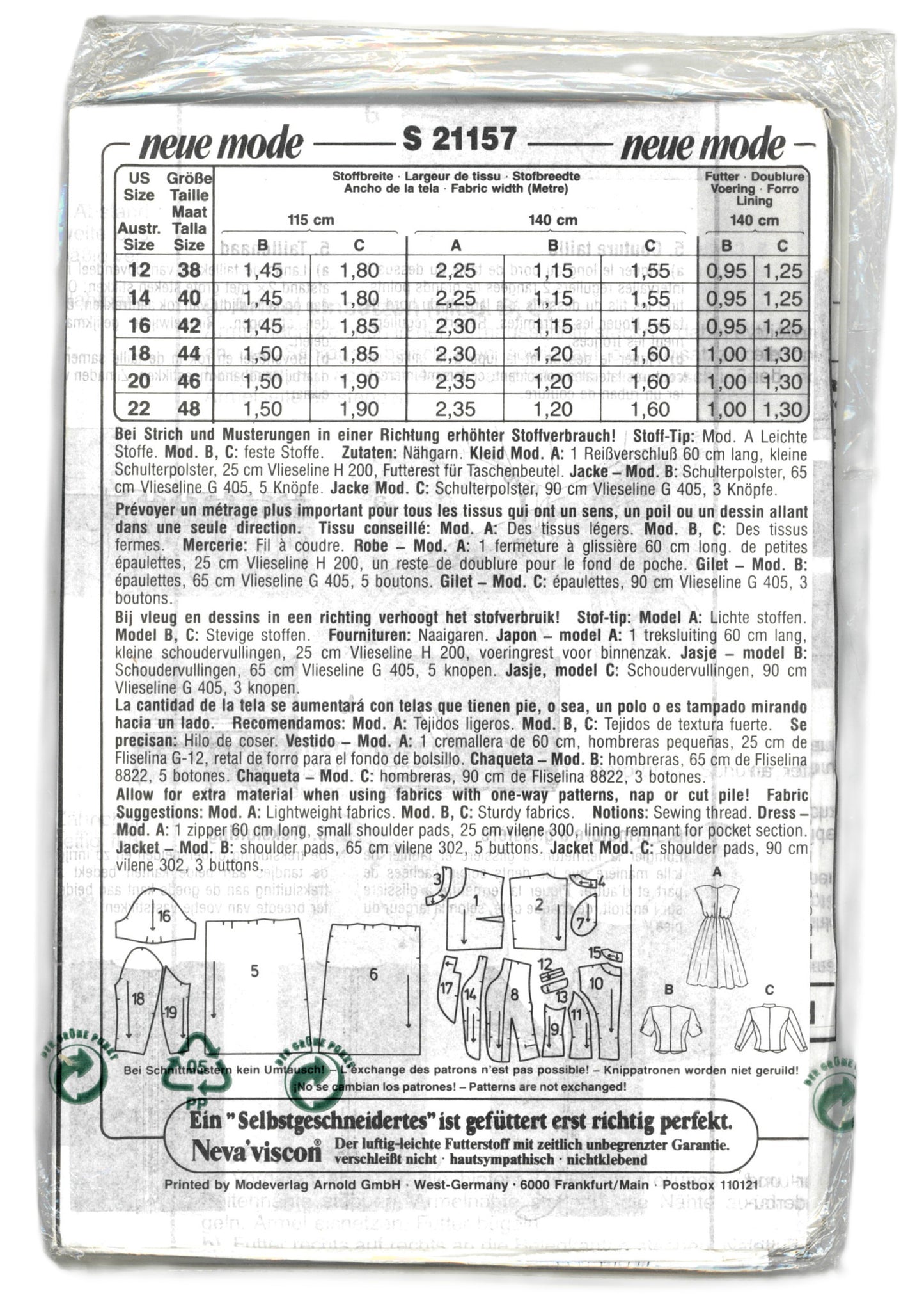 Neue Mode 21 157  Misses Dress and Jacket Sewing Pattern - UNCUT - Size 12 - 22
