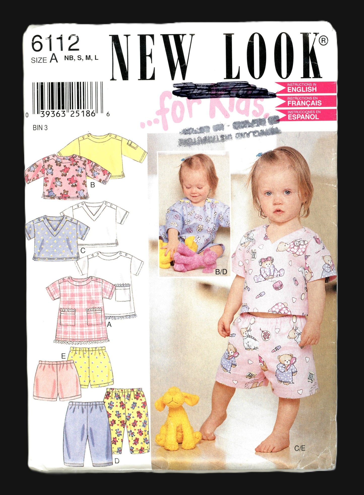New look 6112 Infants and Toddlers Pajama Top Pants and Shorts Sewing Pattern UNCUT Size NB S M L