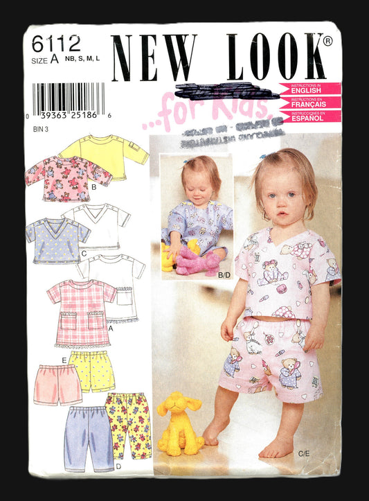 New look 6112 Infants and Toddlers Pajama Top Pants and Shorts Sewing Pattern UNCUT Size NB S M L
