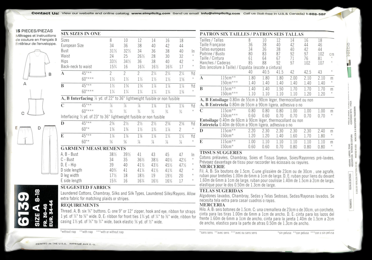 New Look 6139 Misses Pajama Tops Pants and Shorts Sewing Pattern - UNCUT - Size 8 - 18