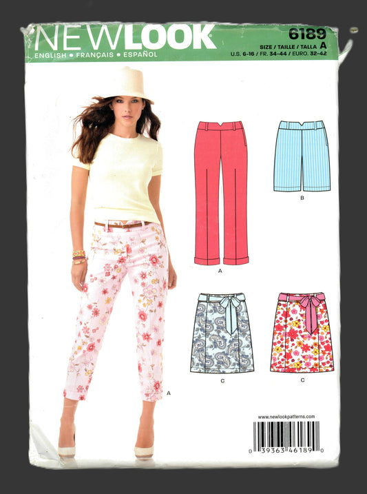New Look 6189 Misses' Cuffed Capri Pants,Shorts and Skirt Sewing Pattern - UNCUT - Size 6 - 16