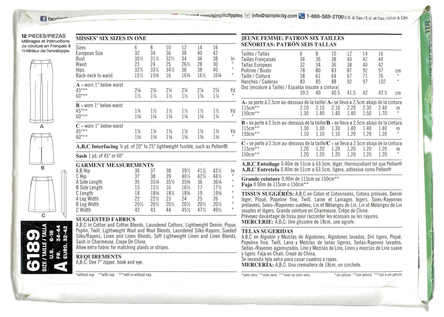 New Look 6189 Misses' Cuffed Capri Pants,Shorts and Skirt Sewing Pattern - UNCUT - Size 6 - 16