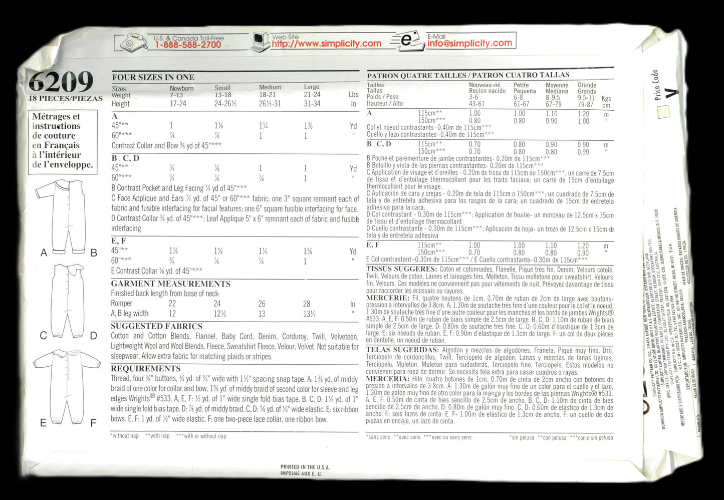 New Look 6209 Infants Jumpsuit Sewing Pattern UNCUT  Size NB S M L