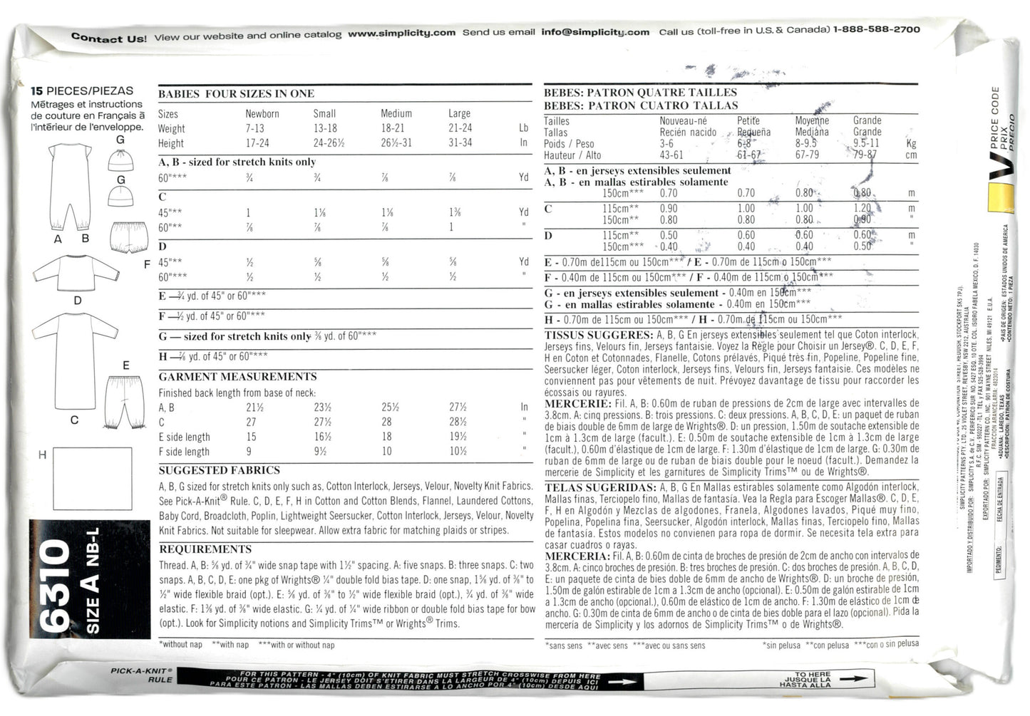 New Look 6310 Infants Layette Sewing Pattern UNCUT  Size NB S M L