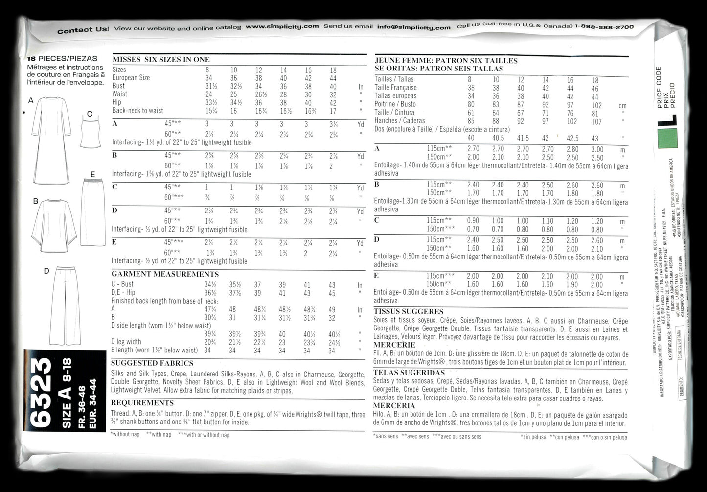 New Look 6323 Misses Jacket Top Pants and Skirt Sewing Pattern  - UNCUT - Size 8 - 18