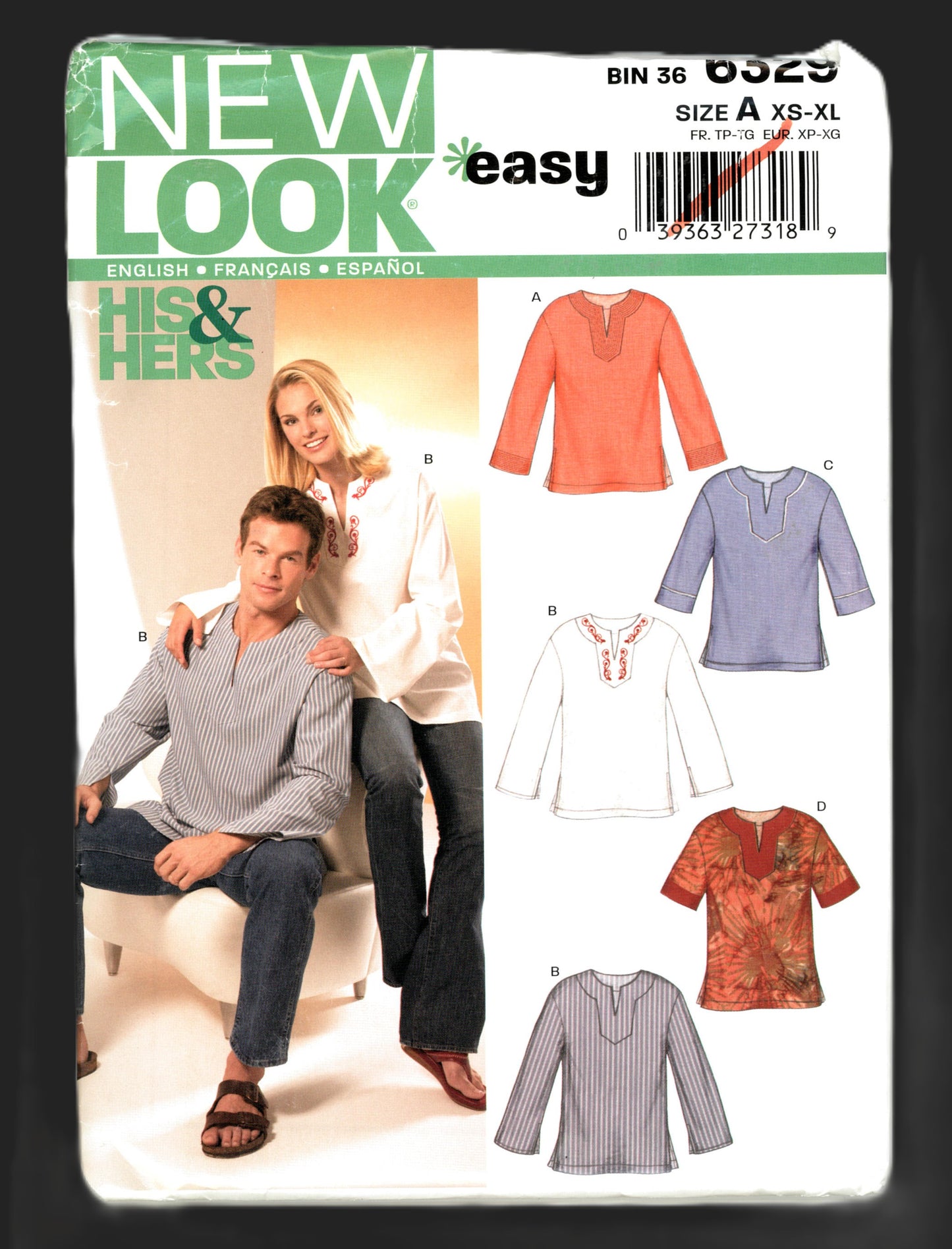 New Look 6329 Unisex Misses and Men's Tunic Top Sewing Pattern - UNCUT - Size XS -XL