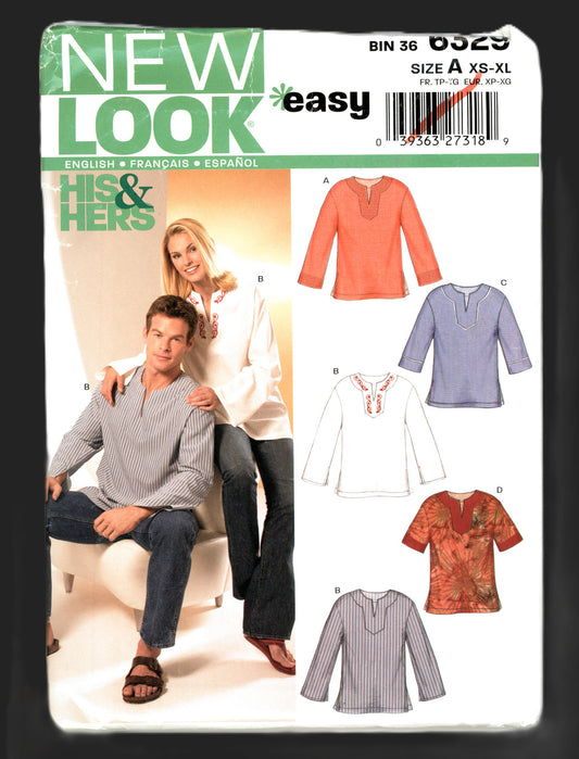 New Look 6329 Unisex Misses and Men's Tunic Top Sewing Pattern - UNCUT - Size XS -XL