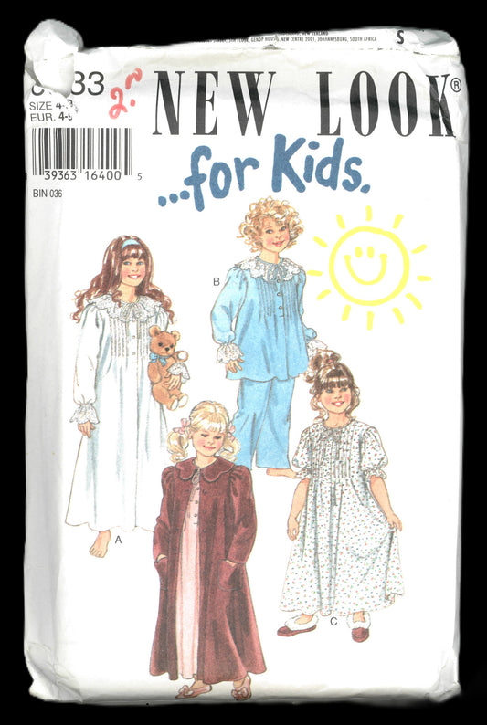 New Look 6333 Girls Nightgown, Pajama Tops Pants and Robe Sewing Pattern UNCUT Size  4 - 9