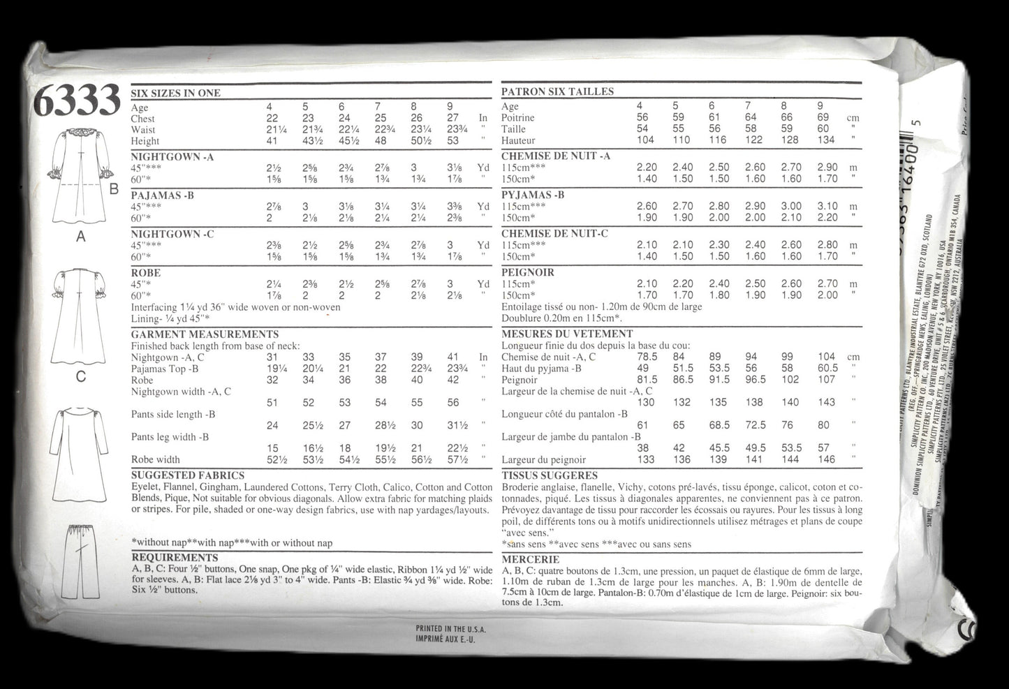 New Look 6333 Girls Nightgown, Pajama Tops Pants and Robe Sewing Pattern UNCUT Size  4 - 9