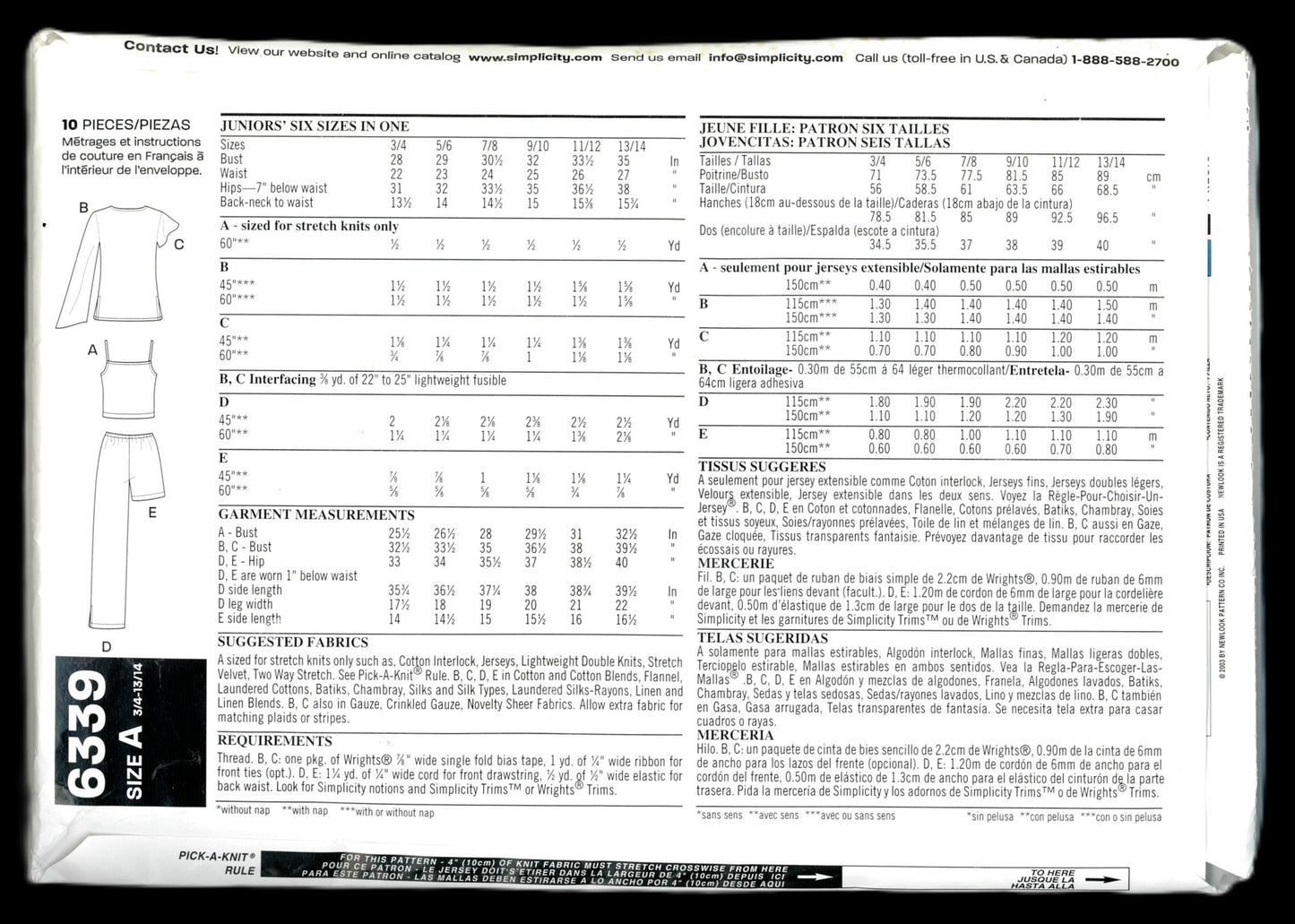 New Look Cool 6339 Junior Teens Tops Pants and Shorts Sewing Pattern  UNCUT Size 3/4 - 13/14