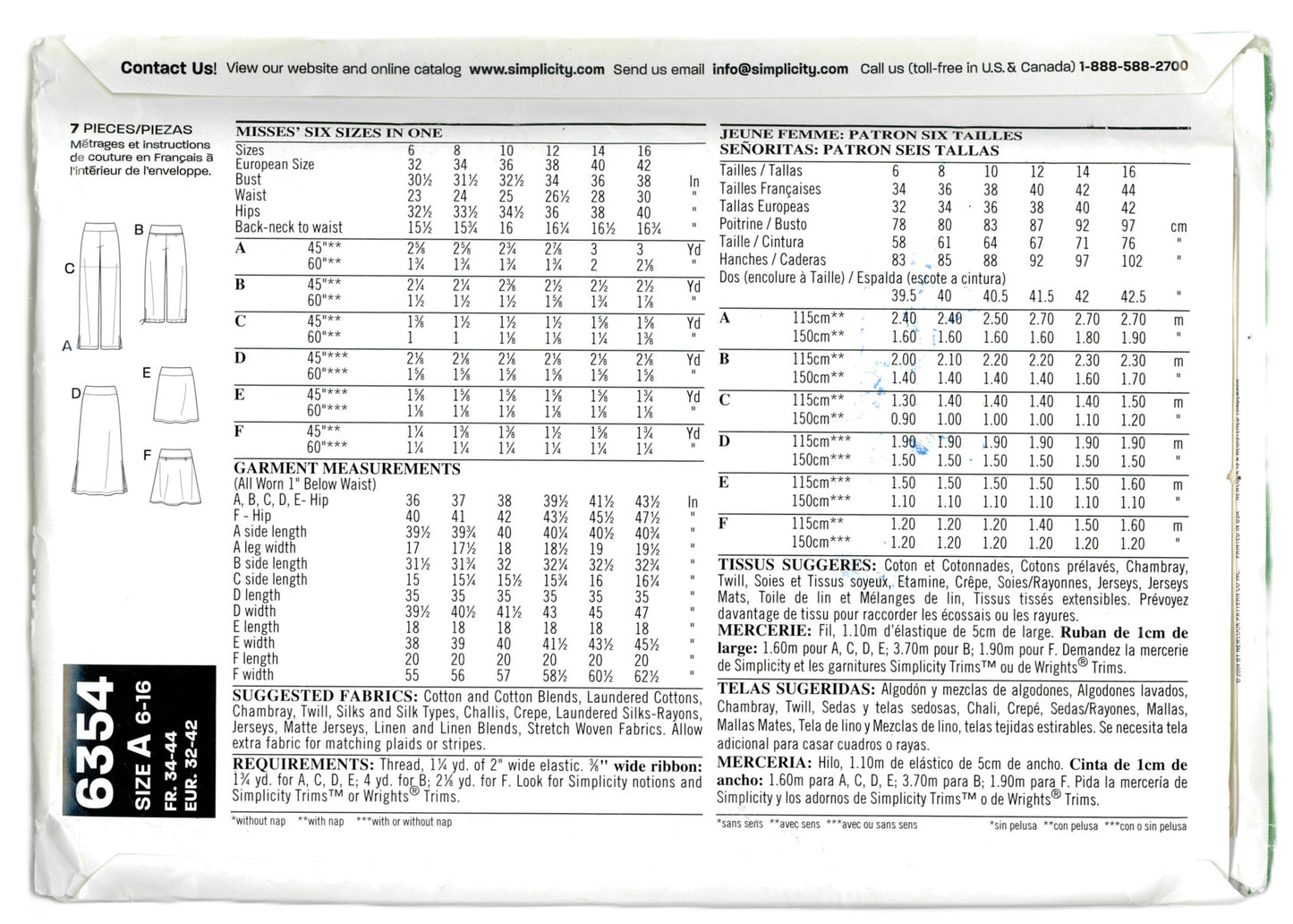 New Look 6354 Misses Skirt Pants and Capris Sewing Pattern - UNCUT - Size 6 - 16