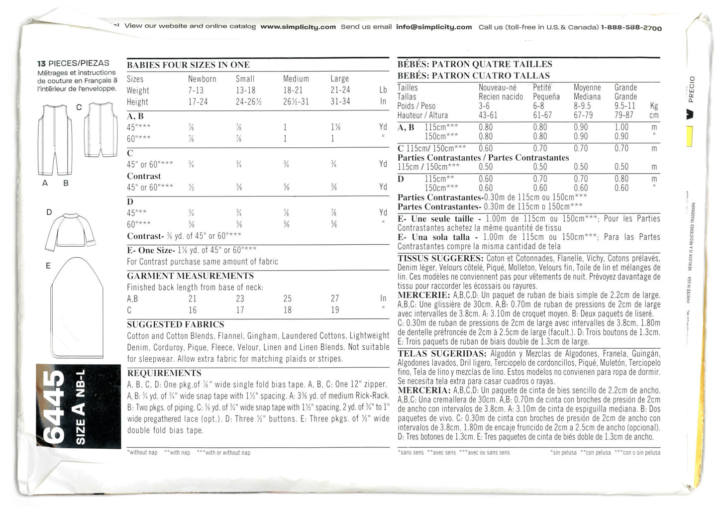 New Look 6445 Infants Romper, Jacket, and Bunting Sewing Pattern UNCUT  Size NB S M L