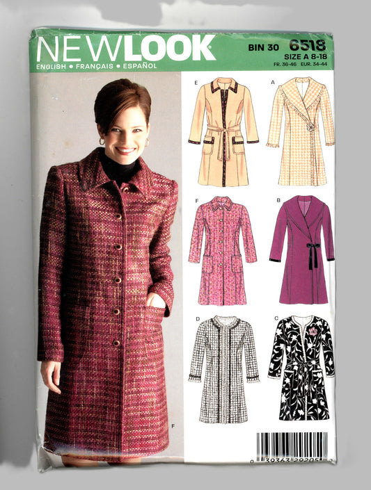 New Look 6518 Misses Lined Coat Sewing Pattern - UNCUT - Size  8 - 18