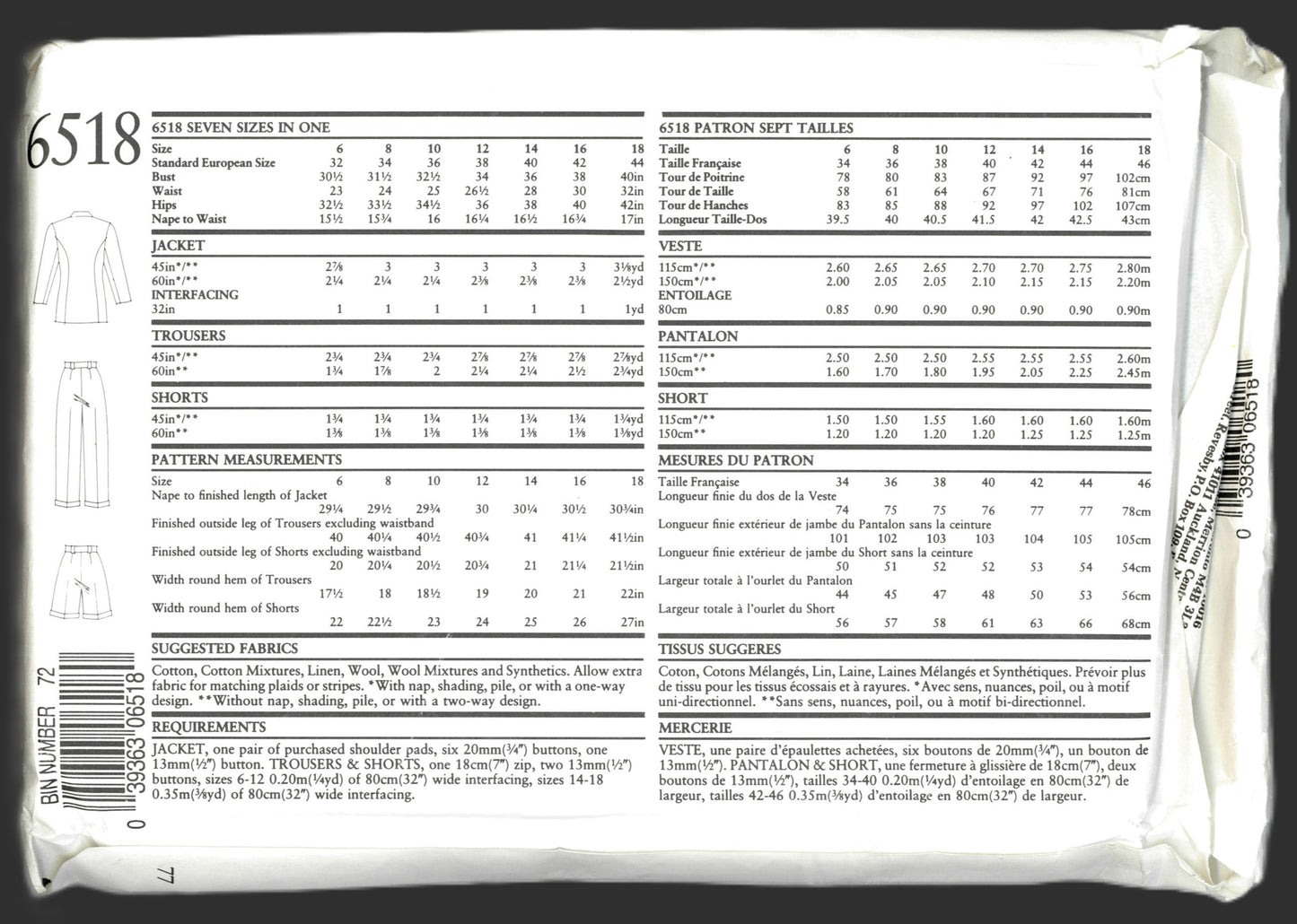 New Look 6518 Misses Jacket Shorts and Pants Sewing Pattern  - UNCUT - Size 6  - 18