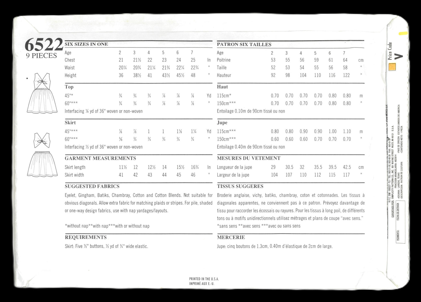 New Look 6522 Girls Summer Top and Skirt Sewing Pattern UNCUT Size 2 - 7