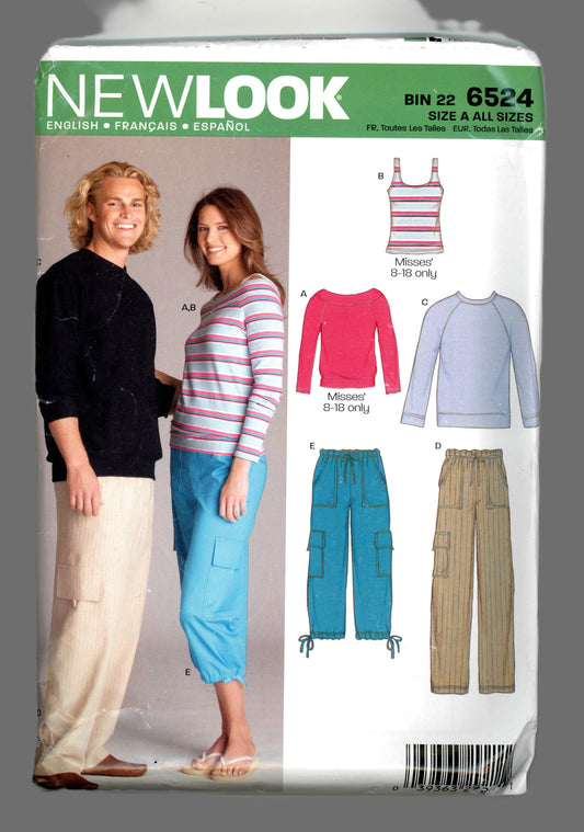 New Look 6524 Unisex Misses and Men's Tops and Pants Sewing Pattern - UNCUT - All Size XS -XL and forr Misses 8 - 18 Tanks and Top