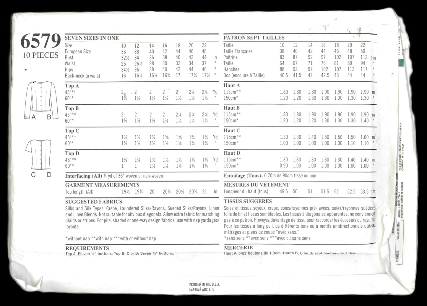 New Look 6579 Misses Tops Sewing Pattern UNCUT - Size 10 - 22