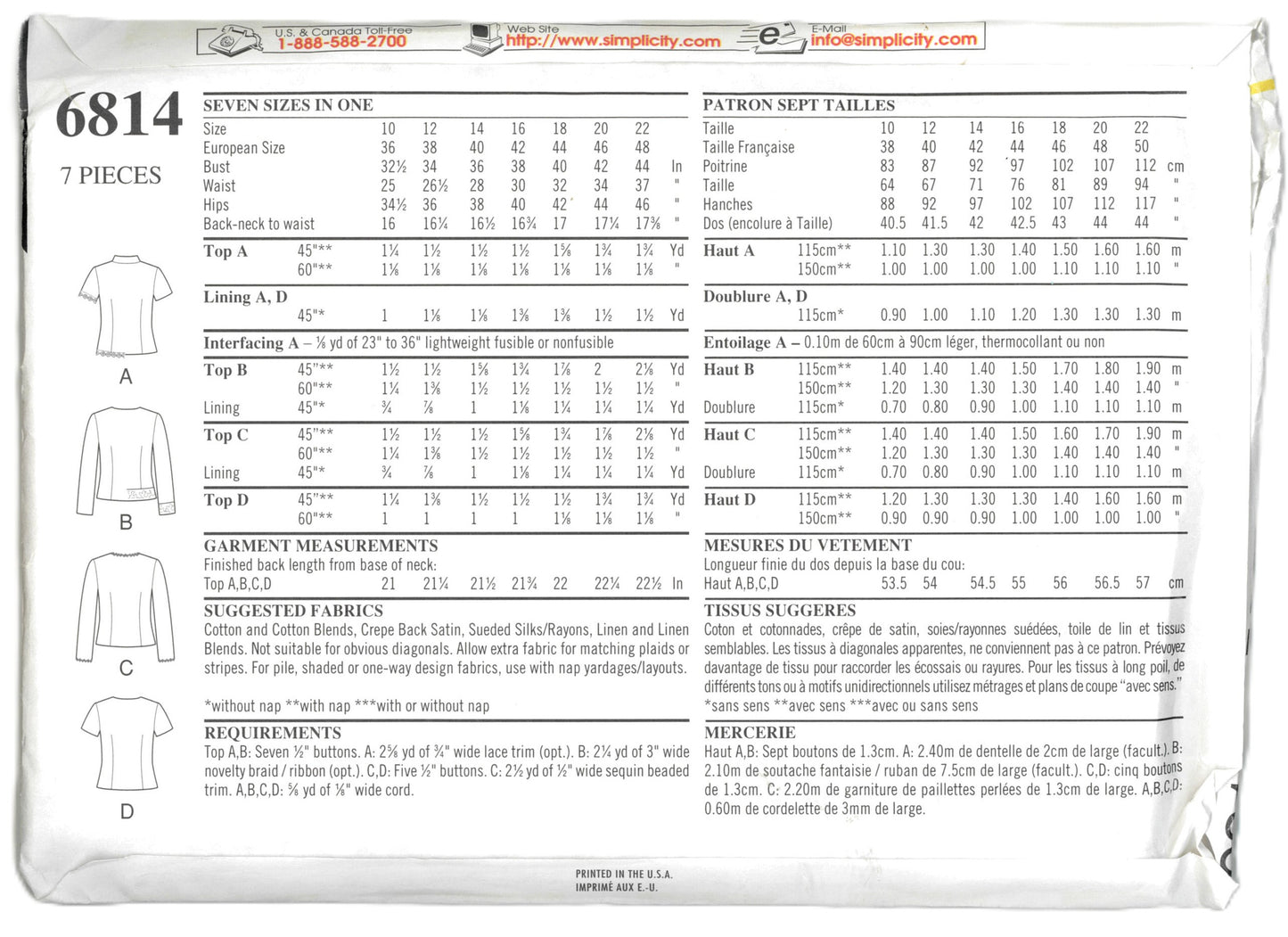 New Look 6814 Misses Tops Sewing Pattern UNCUT - Size 10 - 22