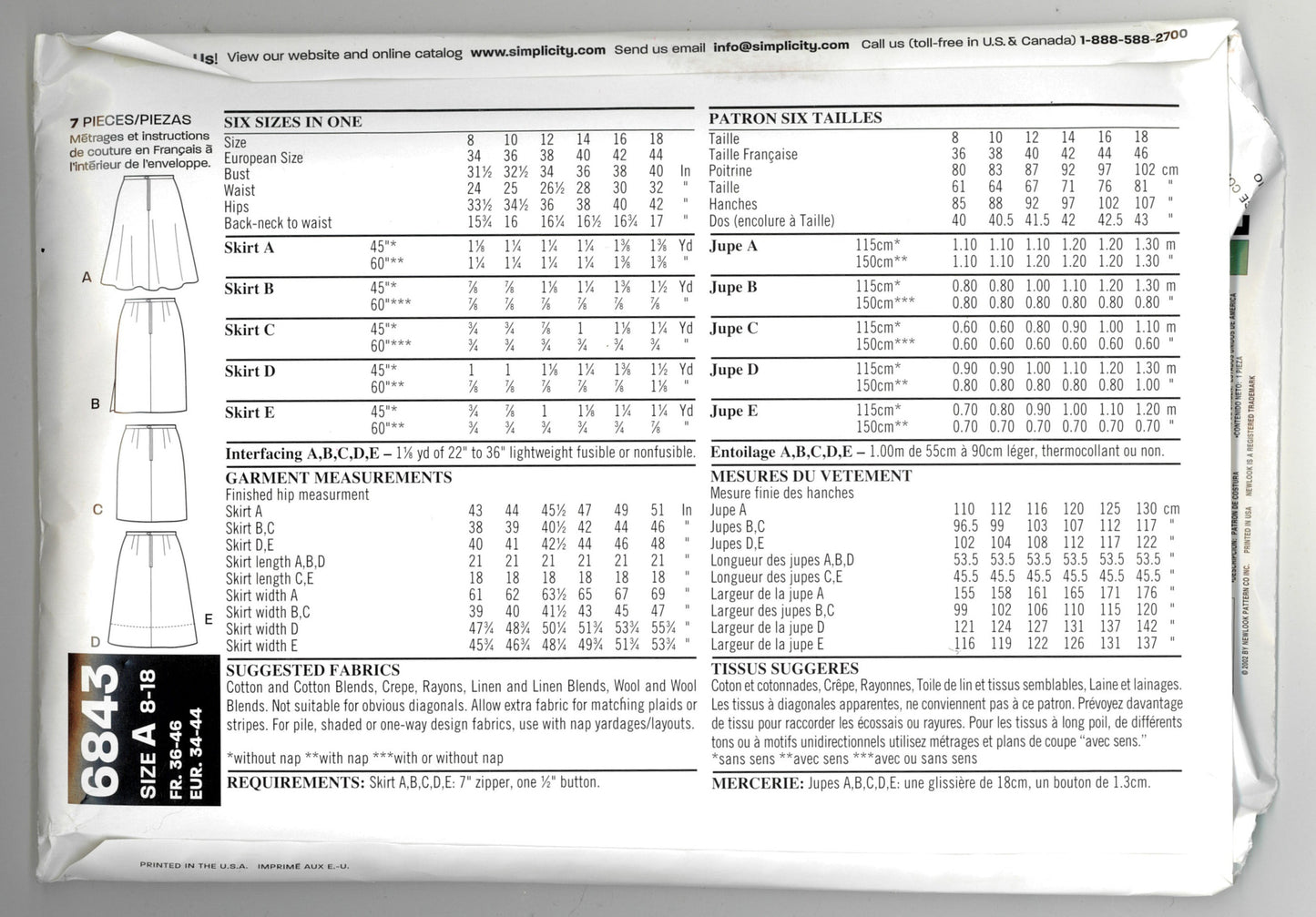 New Look 6843  Misses Skirt Sewing Pattern - UNCUT - Size 8 - 18
