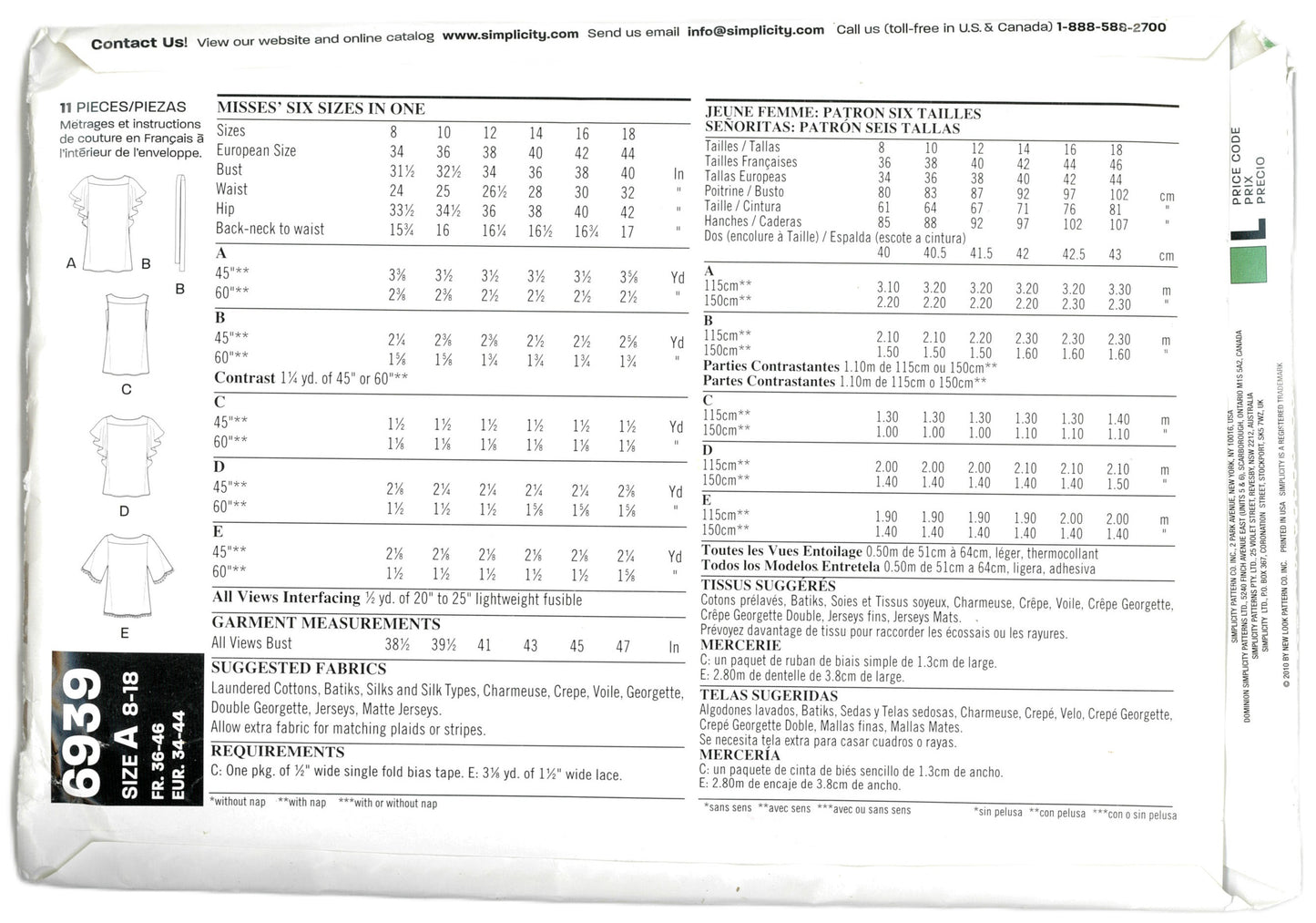 New Look 6939 Misses Tunic or Top with Neckline and Sleeve Variations Sewing Pattern UNCUT - Size 8 - 18