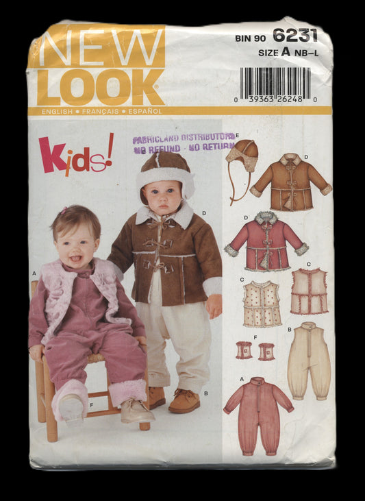 New Look 6231 Infants Toddlers Infants Romper Jacket Vest Romper Hat and Leg Warmers Sewing Pattern UNCUT  Size NB S M L