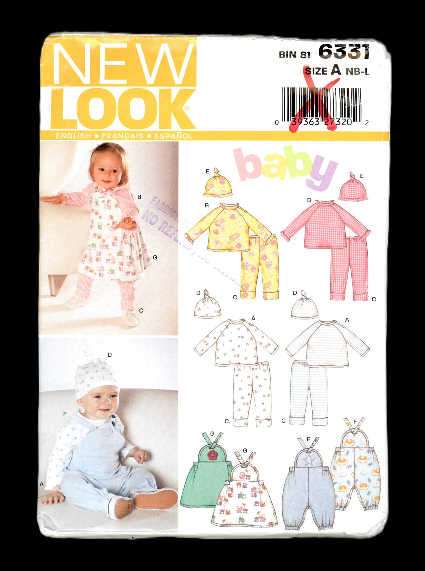 New Look 6331 Infants Top Leggings, Romper or Dress and Hat Sewing Pattern UNCUT Size NB S M L