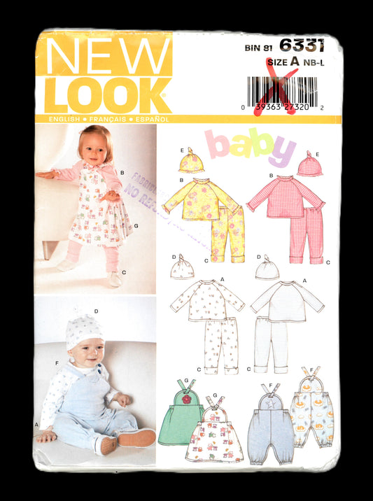 New Look 6331 Infants Top Leggings, Romper or Dress and Hat Sewing Pattern UNCUT Size NB S M L