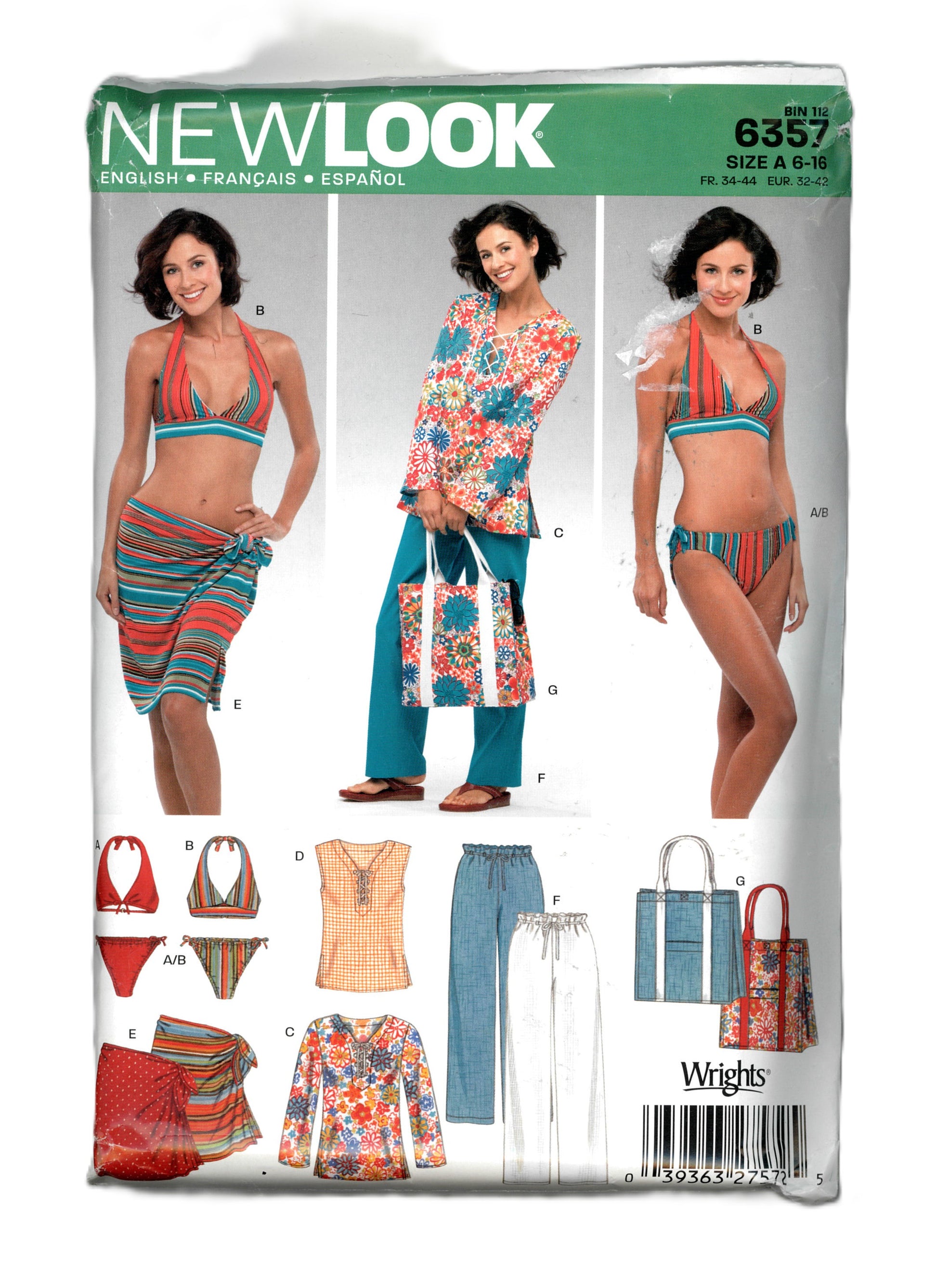 New Look 6357 Swimsuit, Wrap Skirt, Tunic Top, Pants and Tote  Pattern UNCUT - Size 6 - 16