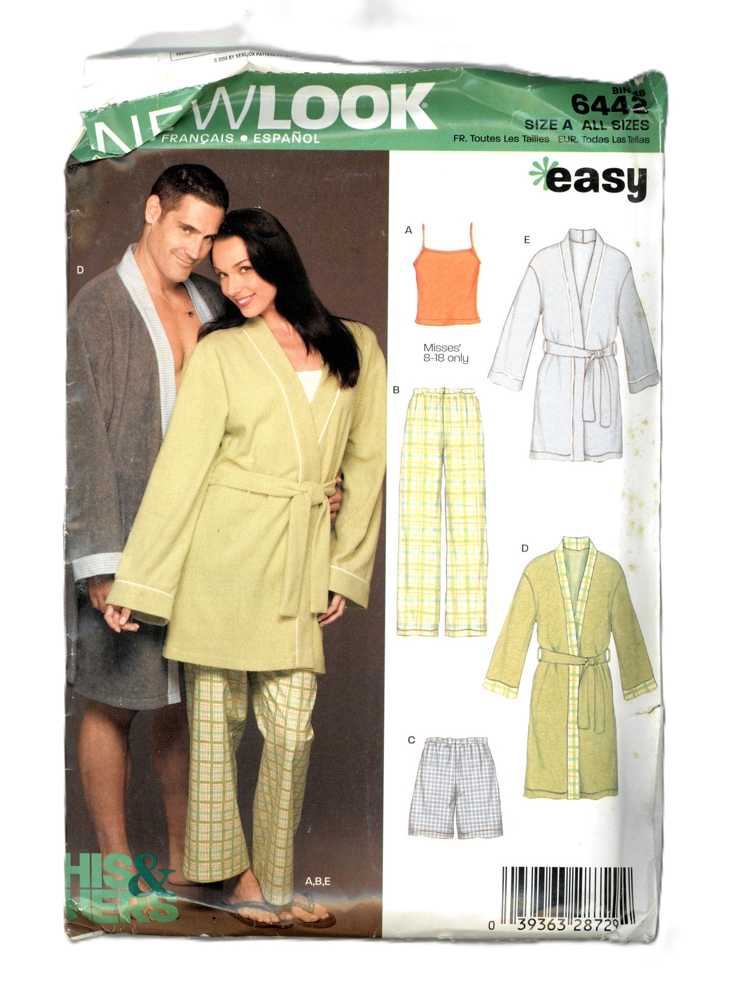 New Look 6442 Unisex, Misses and Mens Robe and Pajama Pants and Misses Only Camisole Sewing Pattern - UNCUT - Size XS S M L XL
