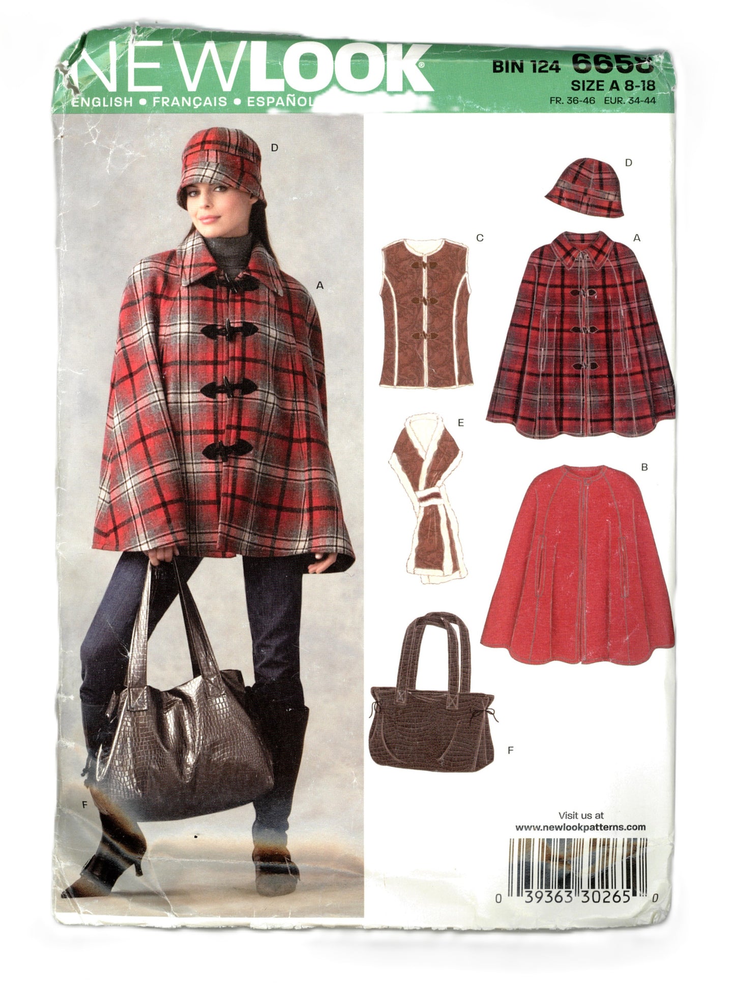 New Look 6658 Misses  Lined Cape  Vest, Hat, Scarf, and Bag Sewing Pattern - UNCUT - Size  8 - 18