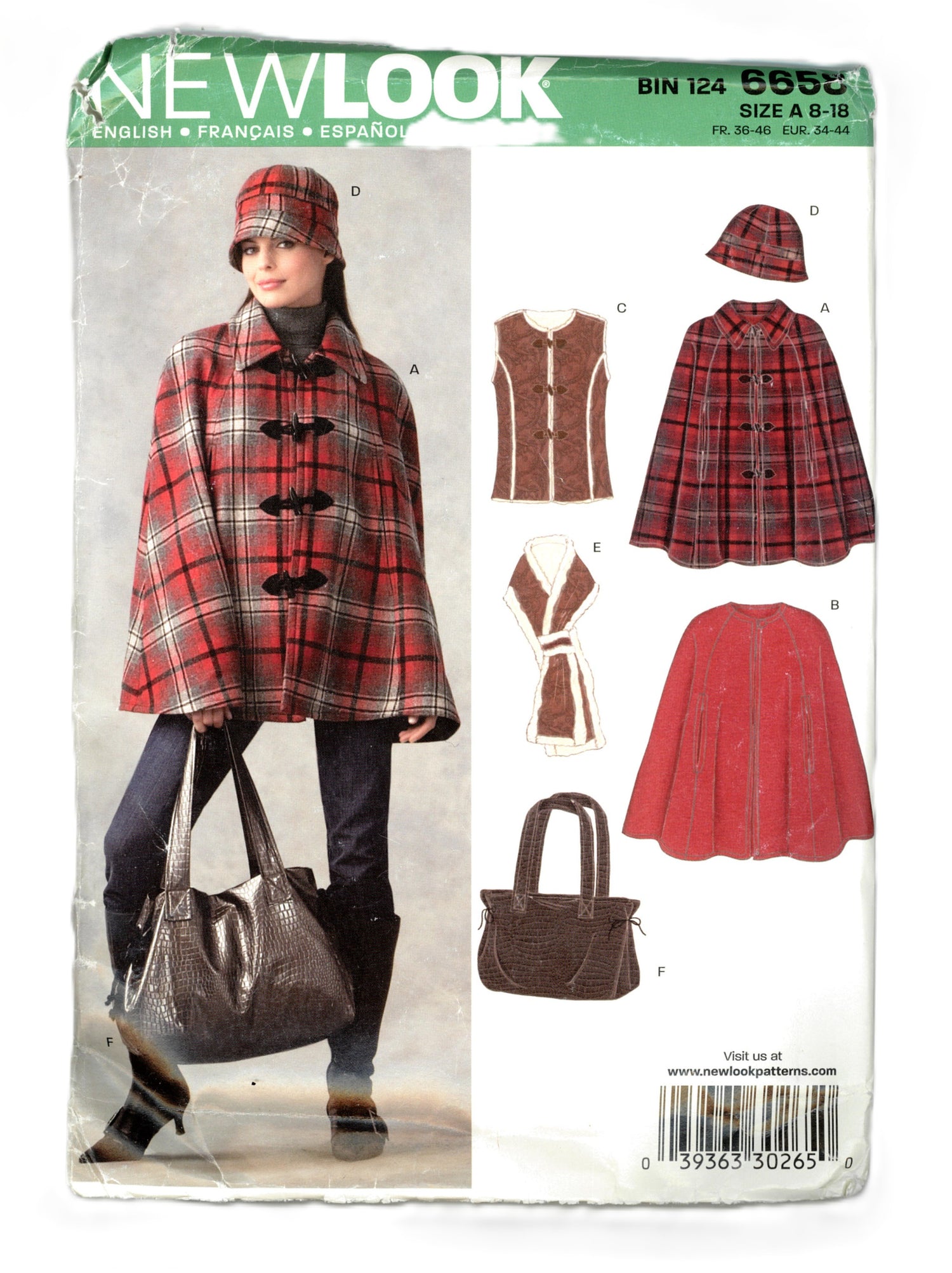 New Look 6658 Misses  Lined Cape  Vest, Hat, Scarf, and Bag Sewing Pattern - UNCUT - Size  8 - 18