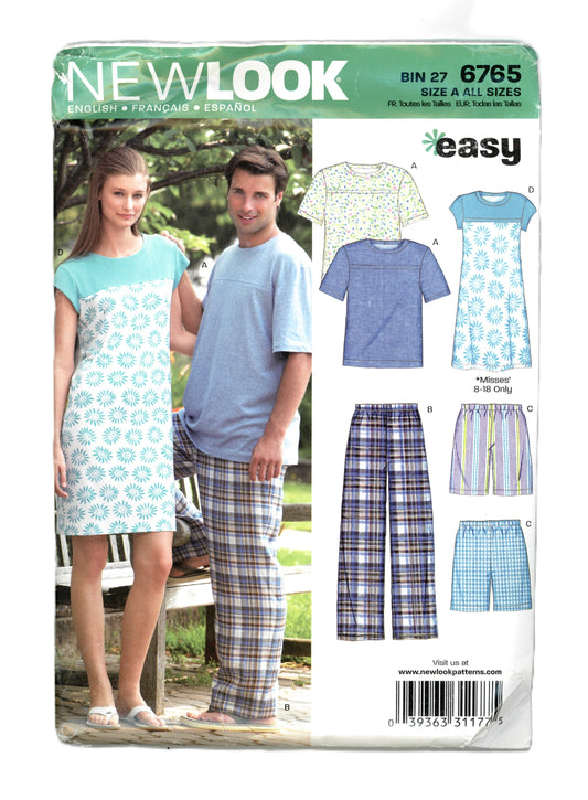 New Look 6765  Miss Mens Pajama Top Pants and Shorts plus Misses only Night Dress Sewing Pattern - UNCUT - Size XS S M L XL ( Misses Nightdress Size 8 - 10)