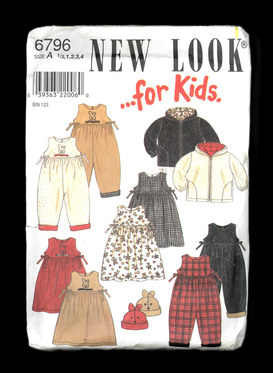 New Look 6796 Infants Toddlers Girls Jacket Dress Jumpsuit and Hat Sewing Pattern UNCUT  Size 1/2 1 2 3 4