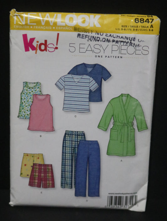 New Look 6847 Girls Boys Pajamas Top Pants Shorts and Robe Sewing Pattern UNCUT Size 3 - 8