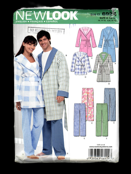 New Look 6924  Unisex Misses and Men's Robe and Lounge Pants Sewing Pattern - UNCUT - Size Xs - XL