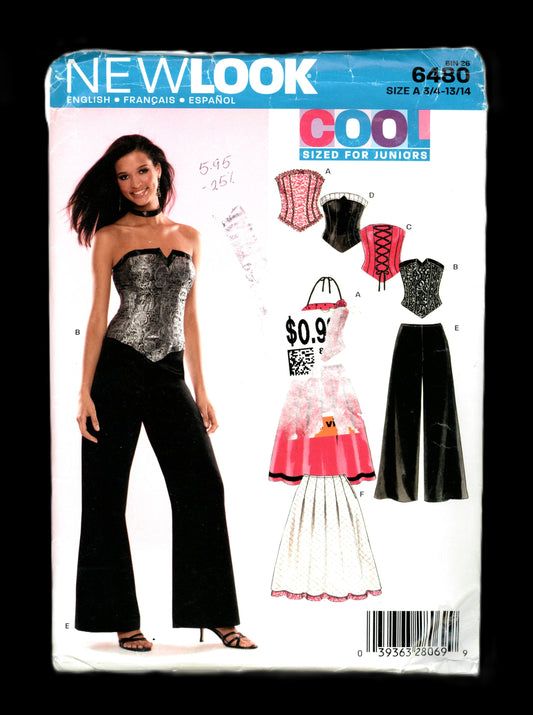New Look Cool 6480 Junior Teens Corset Tops Pants and Skirts Sewing Pattern  UNCUT Size 3/4 - 13/14