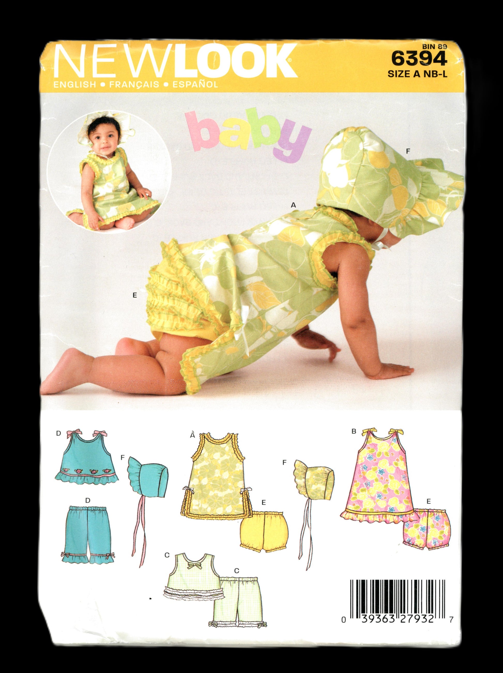 New look 6394 Infants Dresses, Tops, Pants, Panties and Bonnet Sewing Pattern - UNCUT - Size NB - L