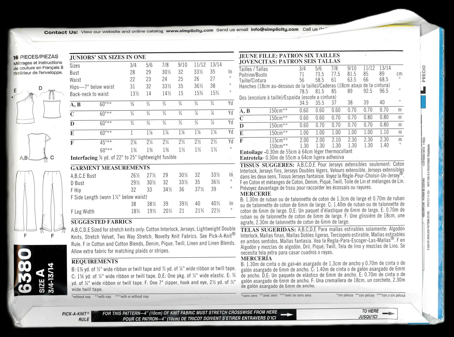 New Look 6380 Junior Teens Knit Top and Pants Sewing Pattern  UNCUT Size 3/4 - 13/14