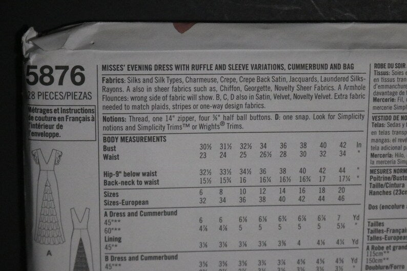 Simplicity 5876 Misses Evening Dress with Ruffle and Sleeve Variations Cummerbund and Bag Sewing Pattern  UNCUT  Size 6 8 10 12