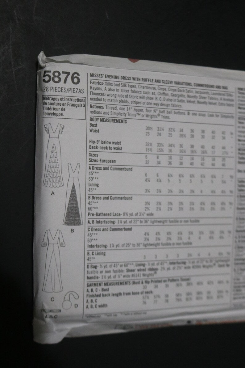 Simplicity 5876 Misses Evening Dress with Ruffle and Sleeve Variations Cummerbund and Bag Sewing Pattern  UNCUT  Size 6 8 10 12
