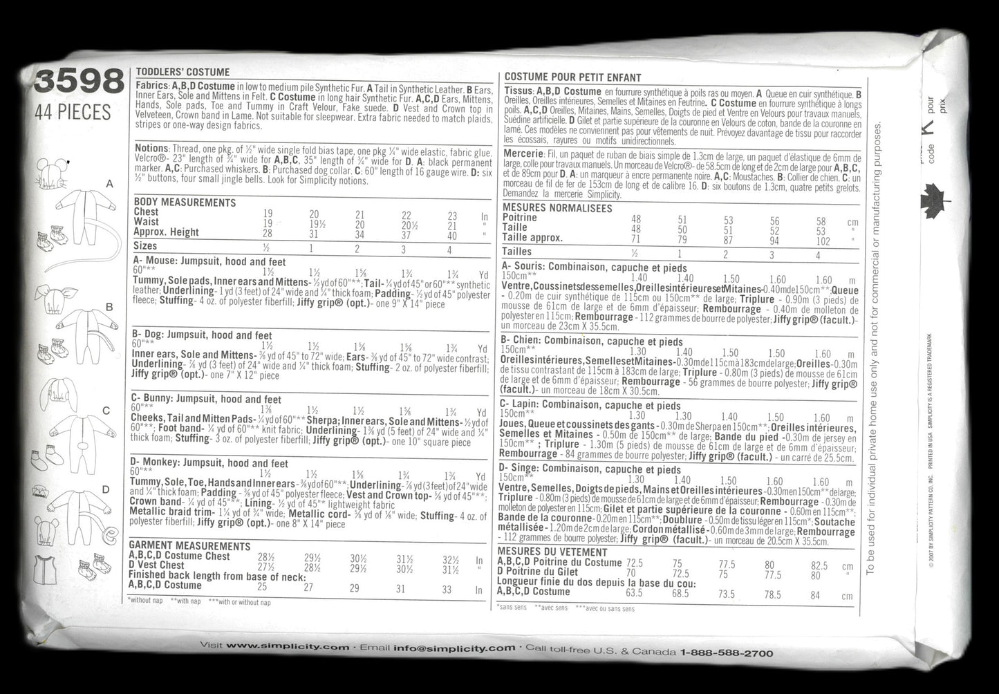 Simplicity 3598 Toddlers  Mouse Buuny Puppy and Monkey Costumes Sewing Pattern - UNCUT - Size 1/2 1 2 3 4