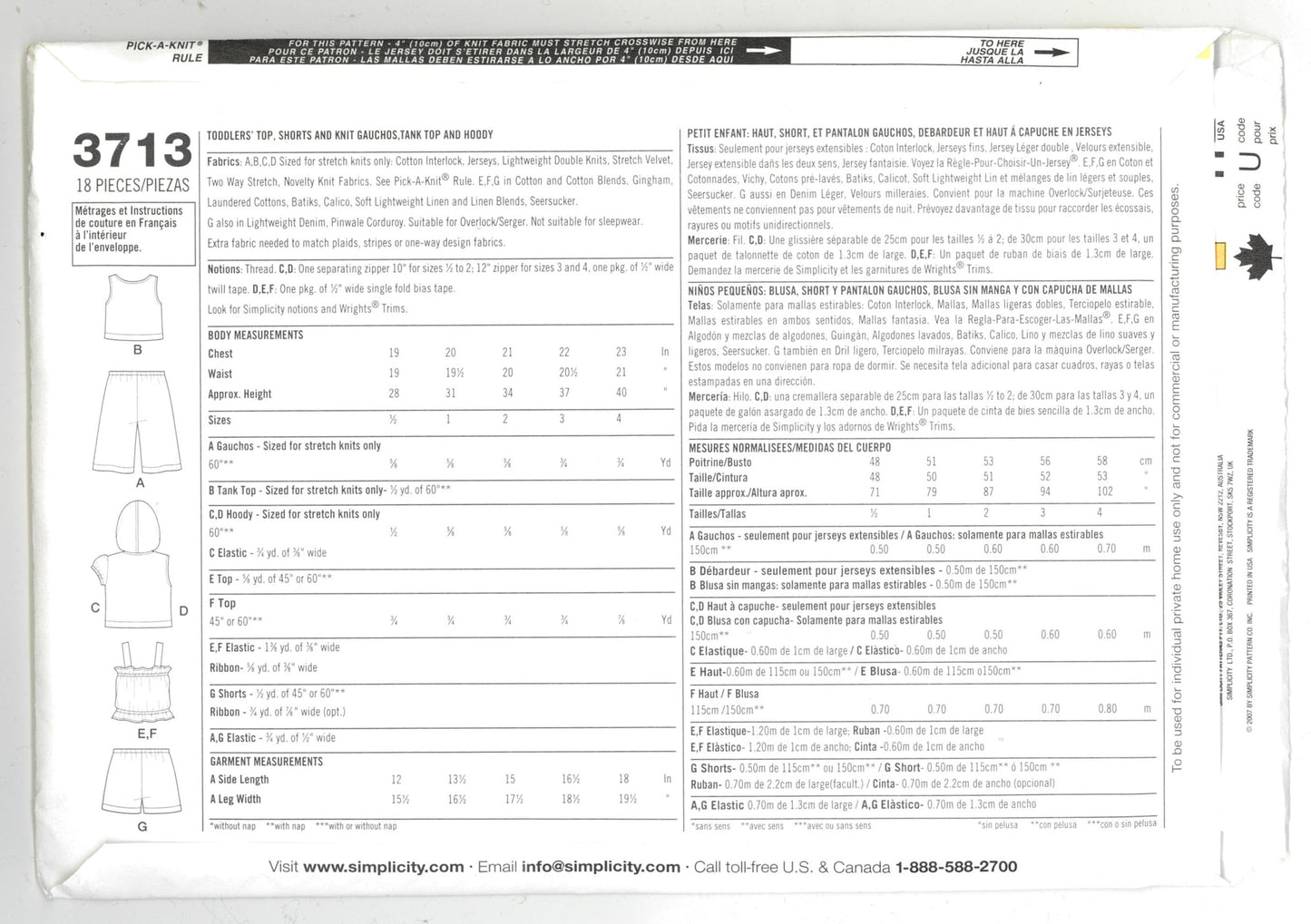 Simplicity 3713 Toddlers Top Shorts and Knit Gauchos, Tank Top and Hoody Sewing Pattern - UNCUT - Size 1/2 1 2 3 4